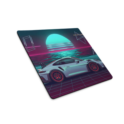 Porsche 911 GT3 RS Inspired Silver Cyan Vaporwave Gaming Mouse Pad – Neon Ocean Sunset Desk Mat with Retro Futuristic Grid and Geometric Art