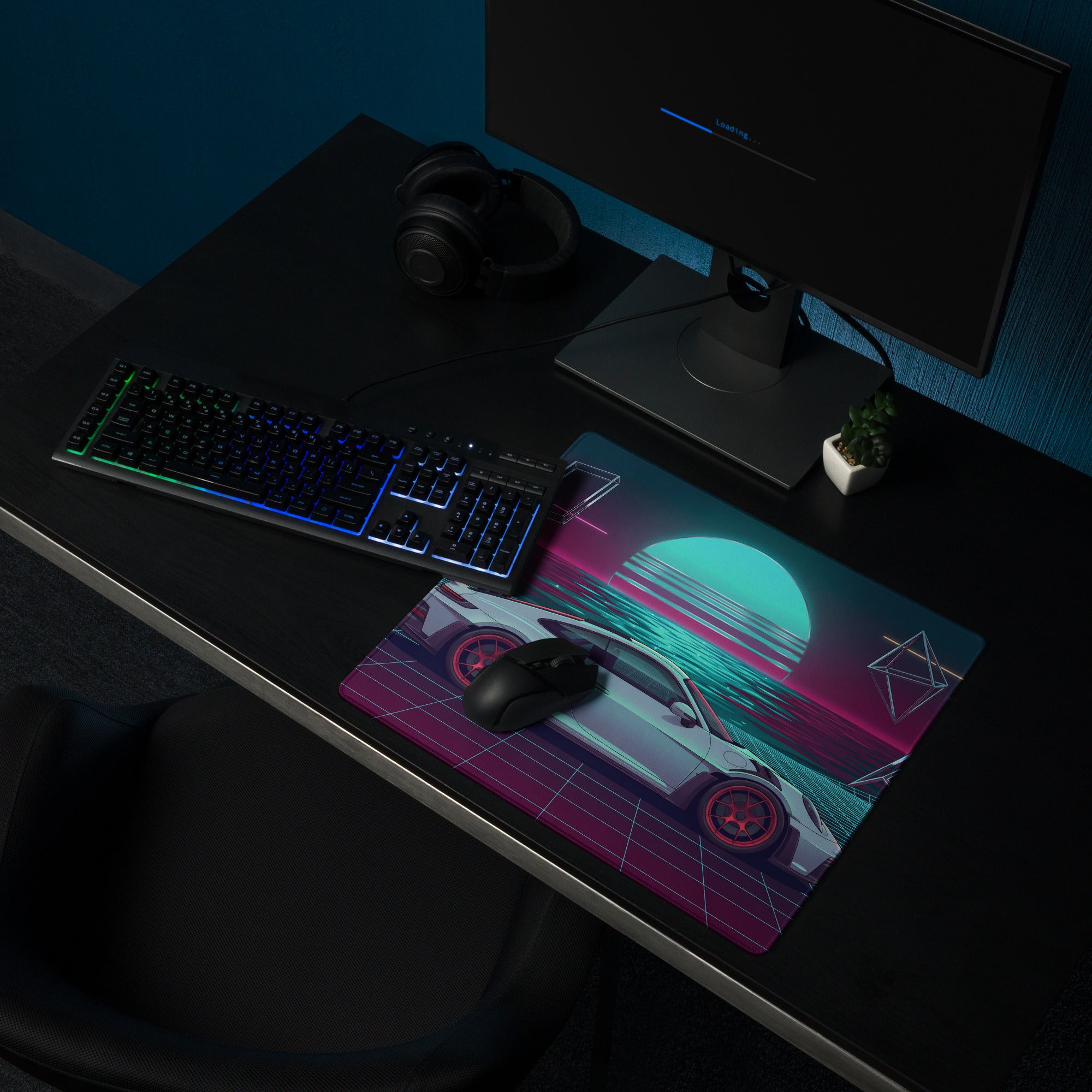 Porsche 911 GT3 RS Inspired Silver Cyan Vaporwave Gaming Mouse Pad – Neon Ocean Sunset Desk Mat with Retro Futuristic Grid and Geometric Art