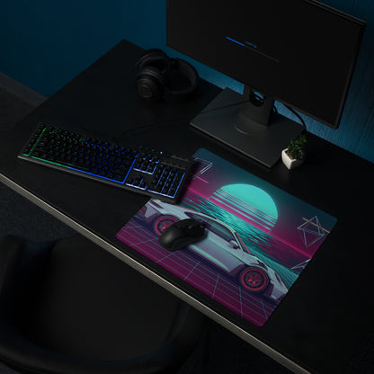 Porsche 911 GT3 RS Inspired Silver Cyan Vaporwave Gaming Mouse Pad – Neon Ocean Sunset Desk Mat with Retro Futuristic Grid and Geometric Art