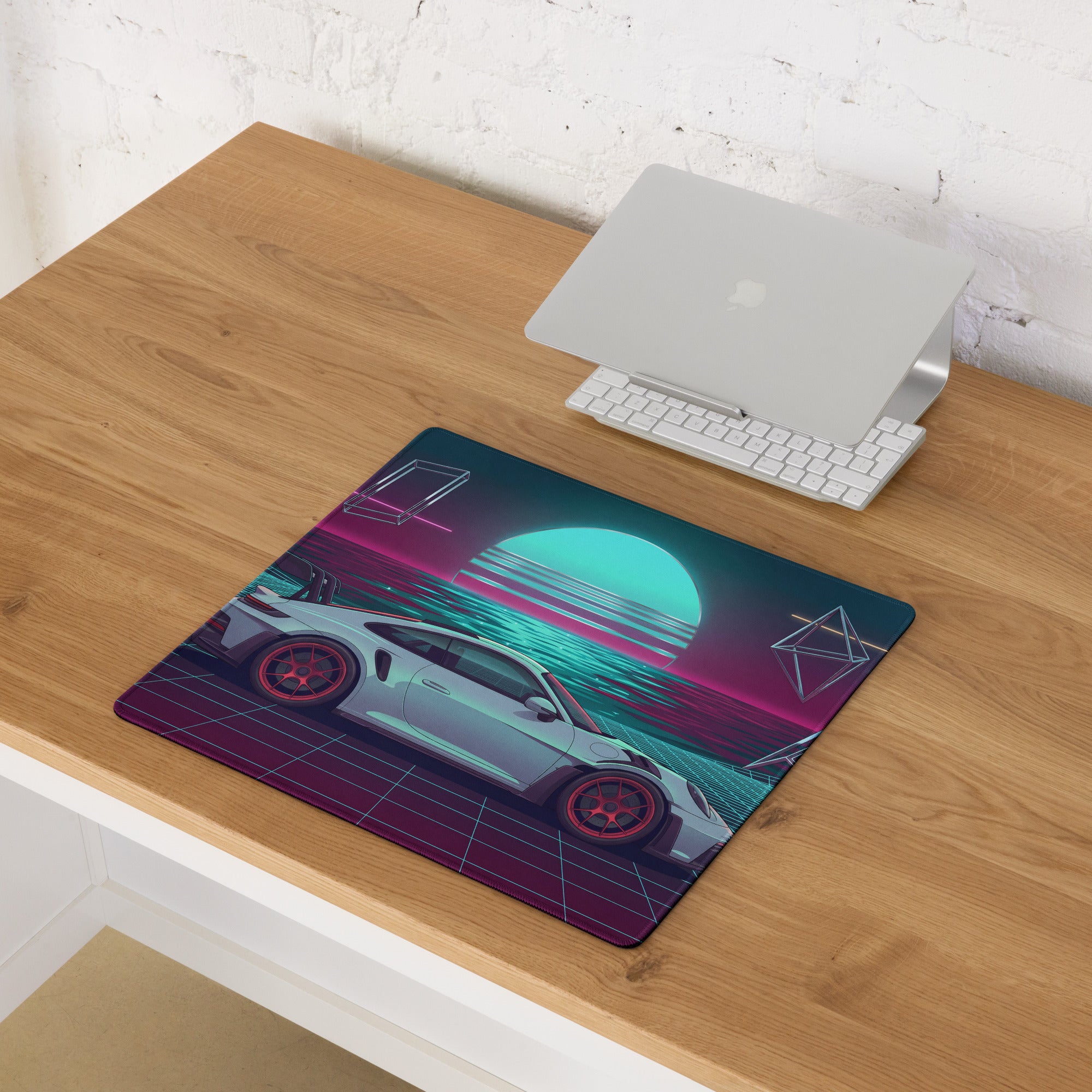 Porsche 911 GT3 RS Inspired Silver Cyan Vaporwave Gaming Mouse Pad – Neon Ocean Sunset Desk Mat with Retro Futuristic Grid and Geometric Art