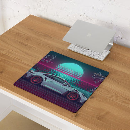 Porsche 911 GT3 RS Inspired Silver Cyan Vaporwave Gaming Mouse Pad – Neon Ocean Sunset Desk Mat with Retro Futuristic Grid and Geometric Art