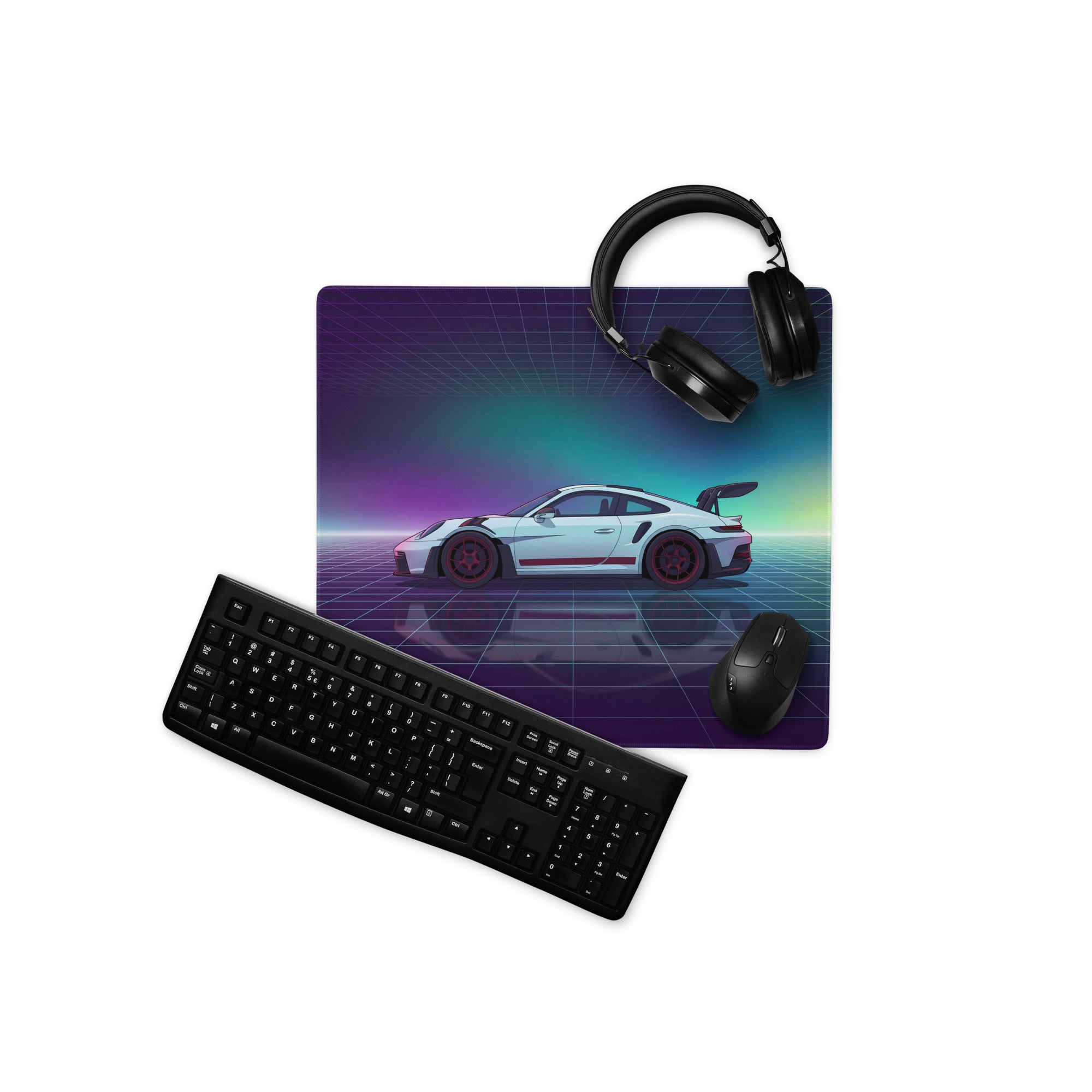 Porsche 911 GT3 RS Inspired White Purple Vaporwave Gaming Mouse Pad – Neon Aurora Grid Desk Mat with Retro Futuristic Reflection Art