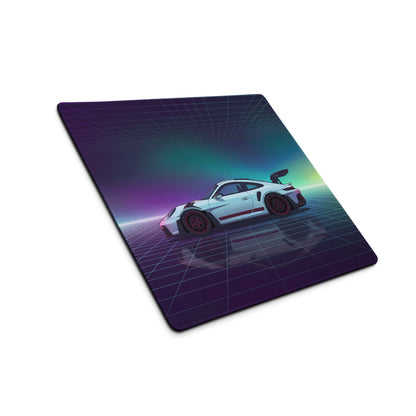 Porsche 911 GT3 RS Inspired White Purple Vaporwave Gaming Mouse Pad – Neon Aurora Grid Desk Mat with Retro Futuristic Reflection Art