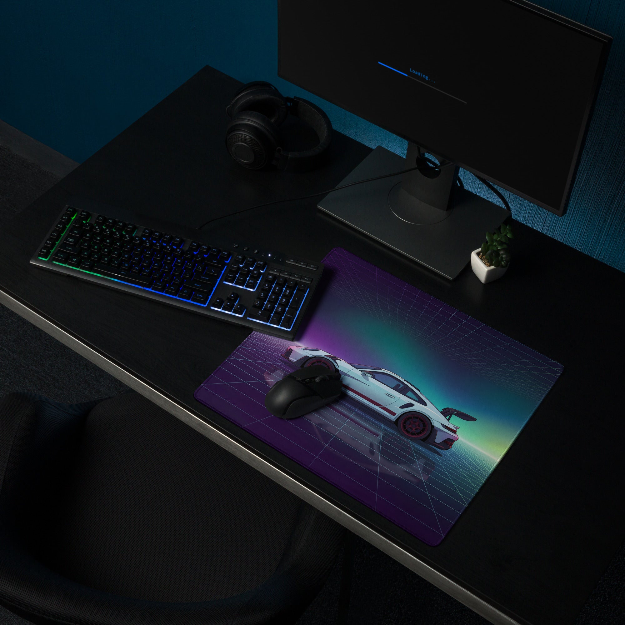 Porsche 911 GT3 RS Inspired White Purple Vaporwave Gaming Mouse Pad – Neon Aurora Grid Desk Mat with Retro Futuristic Reflection Art