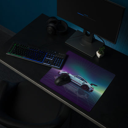 Porsche 911 GT3 RS Inspired White Purple Vaporwave Gaming Mouse Pad – Neon Aurora Grid Desk Mat with Retro Futuristic Reflection Art