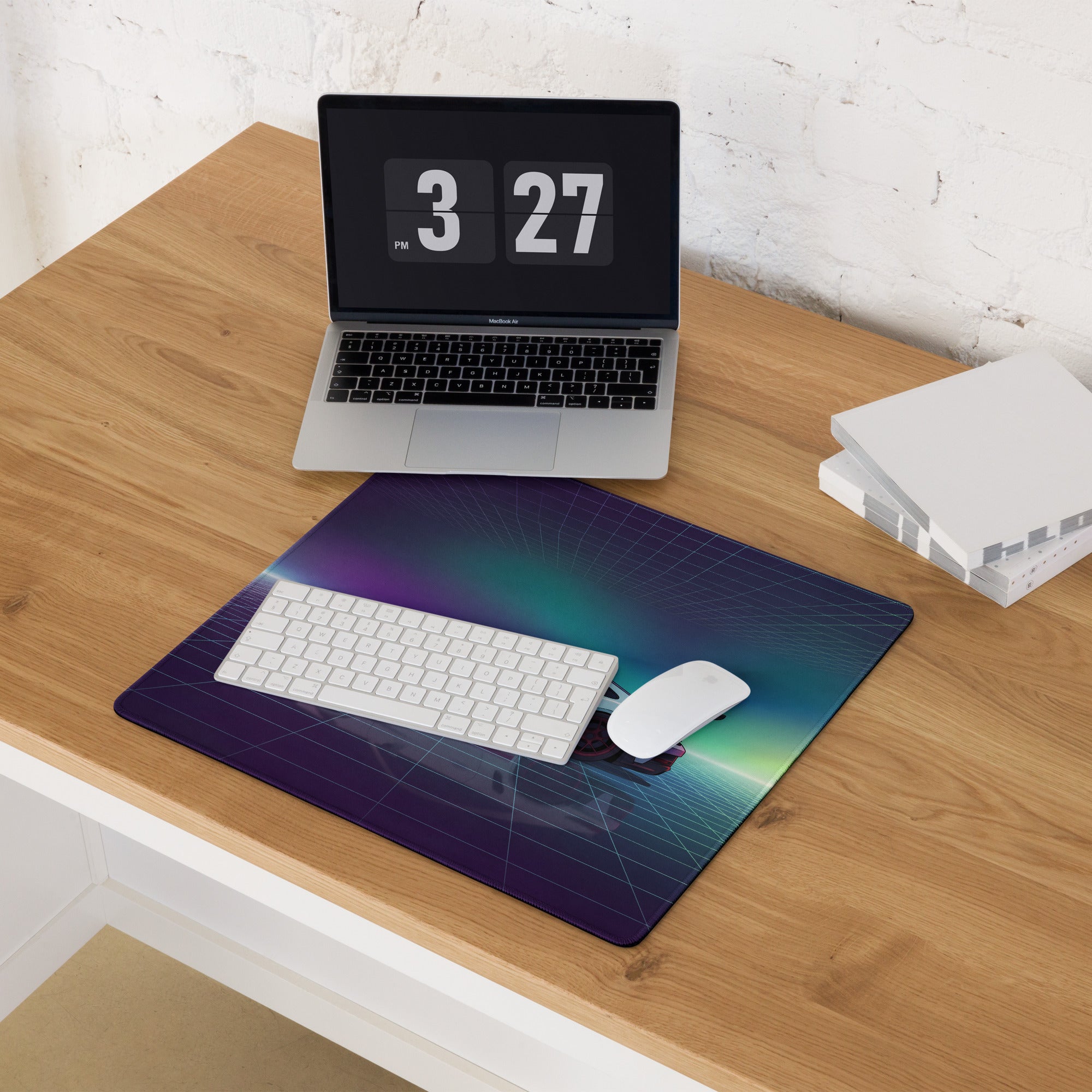 Porsche 911 GT3 RS Inspired White Purple Vaporwave Gaming Mouse Pad – Neon Aurora Grid Desk Mat with Retro Futuristic Reflection Art