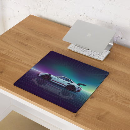 Porsche 911 GT3 RS Inspired White Purple Vaporwave Gaming Mouse Pad – Neon Aurora Grid Desk Mat with Retro Futuristic Reflection Art