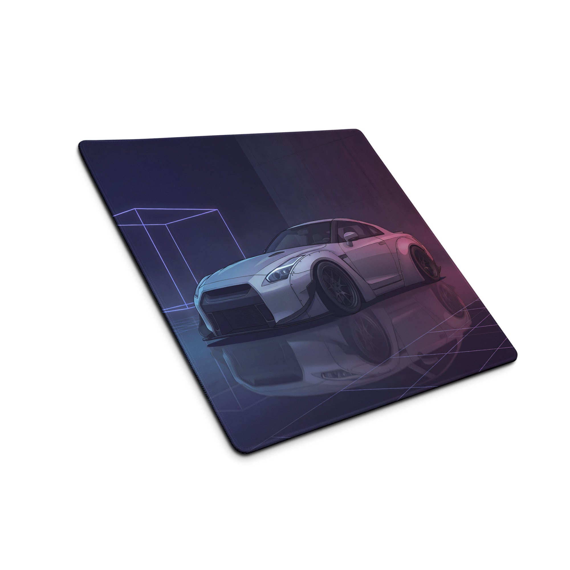 Nissan GT-R R35 Inspired Silver Purple Vaporwave Gaming Mouse Pad – Neon Widebody JDM Desk Mat with Retro Futuristic Grid and Reflection Art