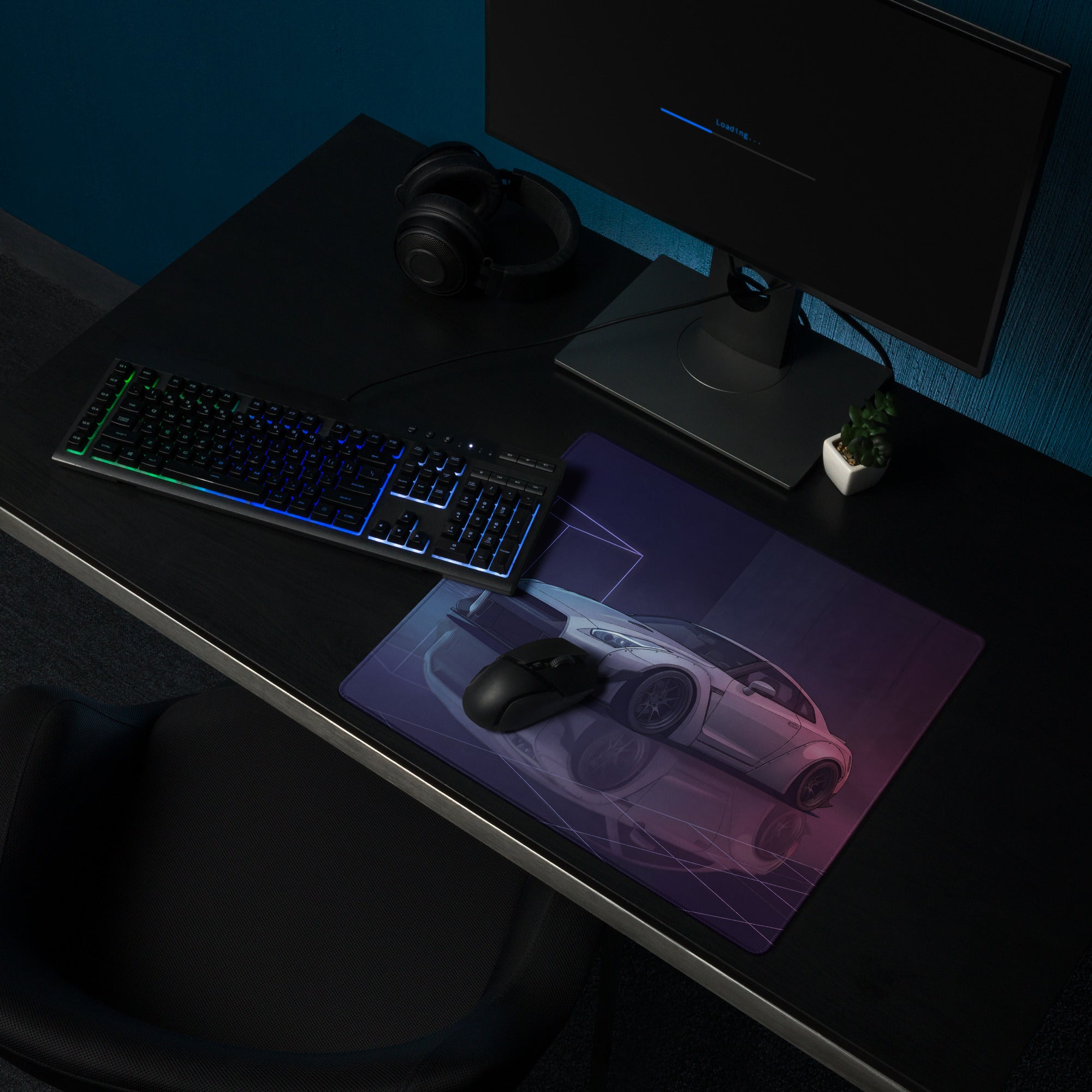 Nissan GT-R R35 Inspired Silver Purple Vaporwave Gaming Mouse Pad – Neon Widebody JDM Desk Mat with Retro Futuristic Grid and Reflection Art