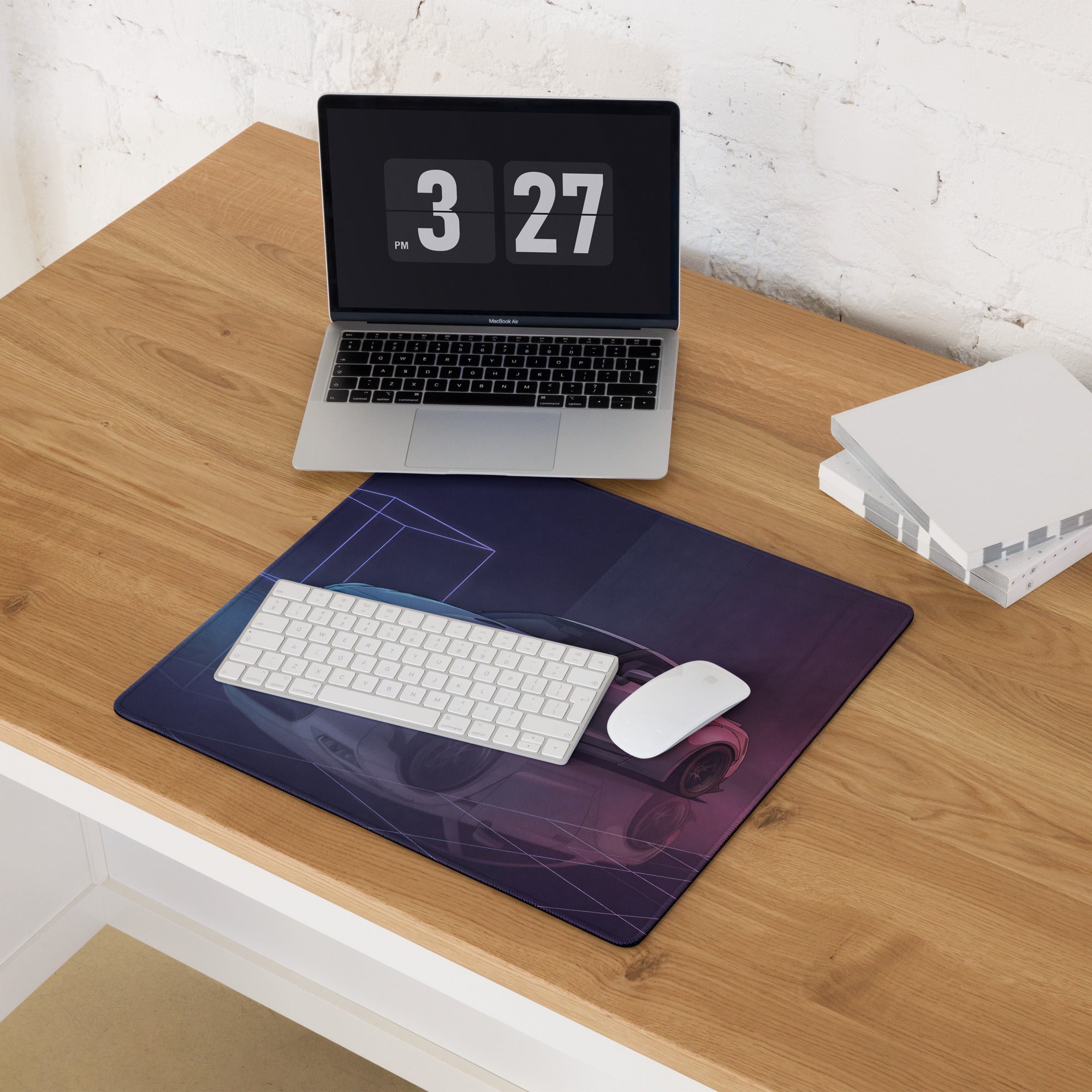 Nissan GT-R R35 Inspired Silver Purple Vaporwave Gaming Mouse Pad – Neon Widebody JDM Desk Mat with Retro Futuristic Grid and Reflection Art
