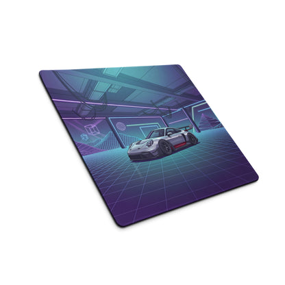 Porsche 911 GT3 RS Inspired Silver Purple Vaporwave Gaming Mouse Pad – Neon Cyberpunk Garage Desk Mat with Retro Futuristic Grid Art