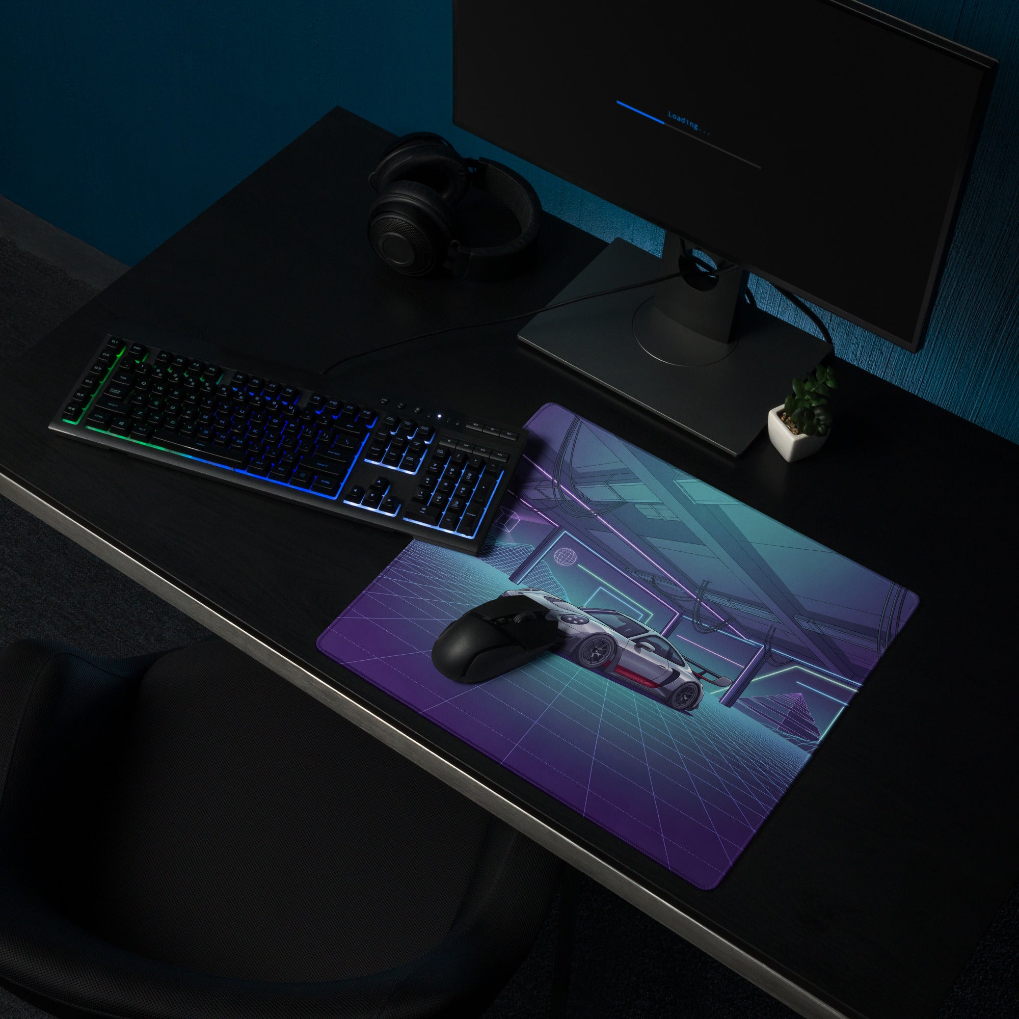 Porsche 911 GT3 RS Inspired Silver Purple Vaporwave Gaming Mouse Pad – Neon Cyberpunk Garage Desk Mat with Retro Futuristic Grid Art