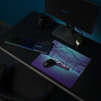 Porsche 911 GT3 RS Inspired Silver Purple Vaporwave Gaming Mouse Pad – Neon Cyberpunk Garage Desk Mat with Retro Futuristic Grid Art