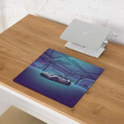 Porsche 911 GT3 RS Inspired Silver Purple Vaporwave Gaming Mouse Pad – Neon Cyberpunk Garage Desk Mat with Retro Futuristic Grid Art