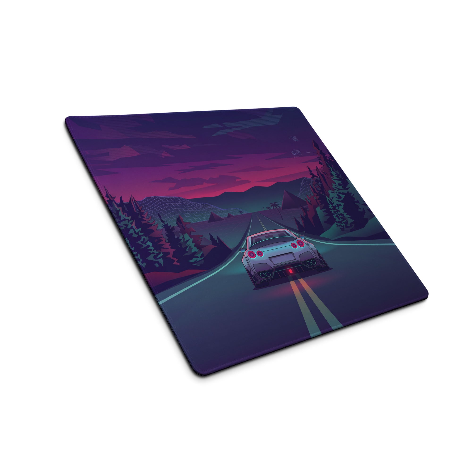 Nissan GT-R R35 Inspired Silver Purple Vaporwave Gaming Mouse Pad – Neon Mountain Highway Desk Mat with Retro Futuristic Forest Art