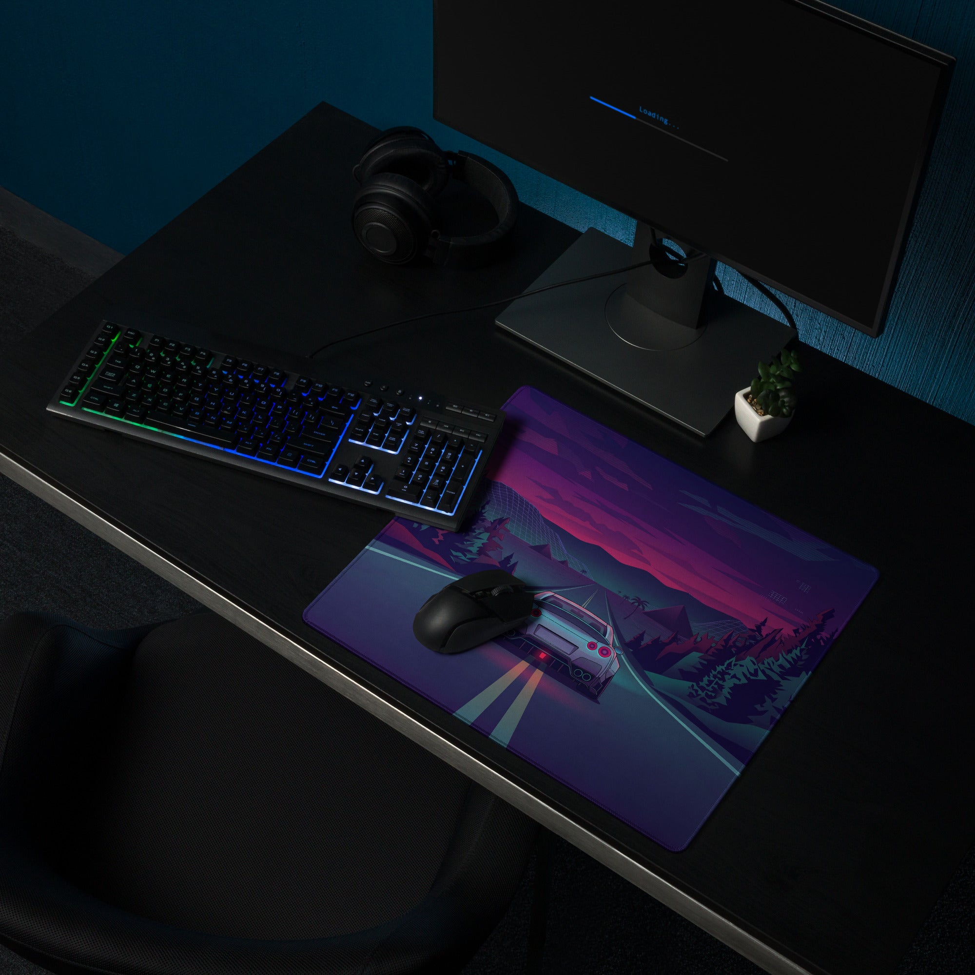 Nissan GT-R R35 Inspired Silver Purple Vaporwave Gaming Mouse Pad – Neon Mountain Highway Desk Mat with Retro Futuristic Forest Art