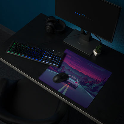 Nissan GT-R R35 Inspired Silver Purple Vaporwave Gaming Mouse Pad – Neon Mountain Highway Desk Mat with Retro Futuristic Forest Art
