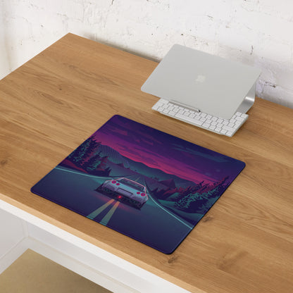Nissan GT-R R35 Inspired Silver Purple Vaporwave Gaming Mouse Pad – Neon Mountain Highway Desk Mat with Retro Futuristic Forest Art