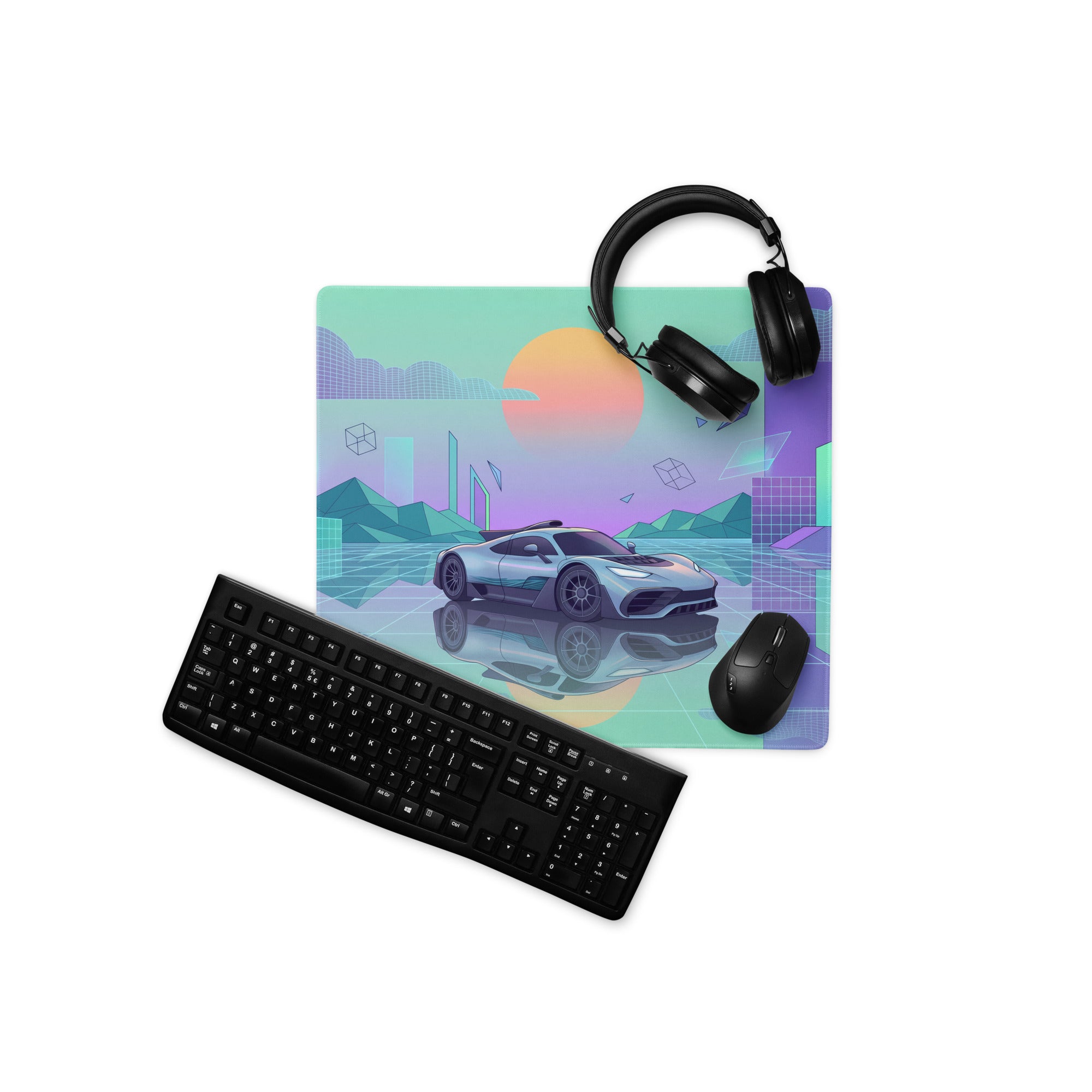 Mercedes-AMG ONE Inspired Silver Mint Vaporwave Gaming Mouse Pad – Pastel Futuristic City Desk Mat with Neon Grid, Sunset and Geometric Art