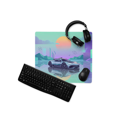 Mercedes-AMG ONE Inspired Silver Mint Vaporwave Gaming Mouse Pad – Pastel Futuristic City Desk Mat with Neon Grid, Sunset and Geometric Art