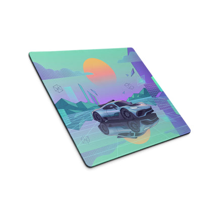 Mercedes-AMG ONE Inspired Silver Mint Vaporwave Gaming Mouse Pad – Pastel Futuristic City Desk Mat with Neon Grid, Sunset and Geometric Art