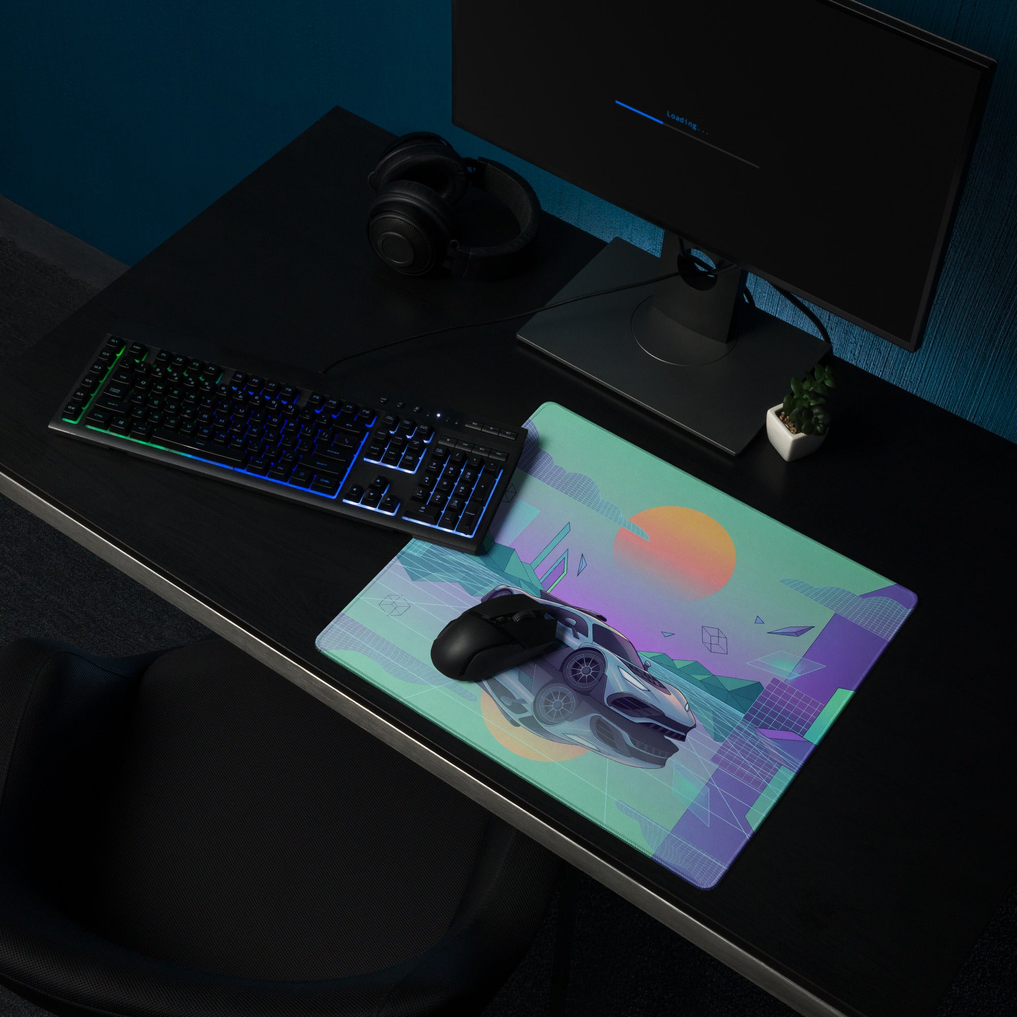 Mercedes-AMG ONE Inspired Silver Mint Vaporwave Gaming Mouse Pad – Pastel Futuristic City Desk Mat with Neon Grid, Sunset and Geometric Art