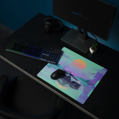 Mercedes-AMG ONE Inspired Silver Mint Vaporwave Gaming Mouse Pad – Pastel Futuristic City Desk Mat with Neon Grid, Sunset and Geometric Art