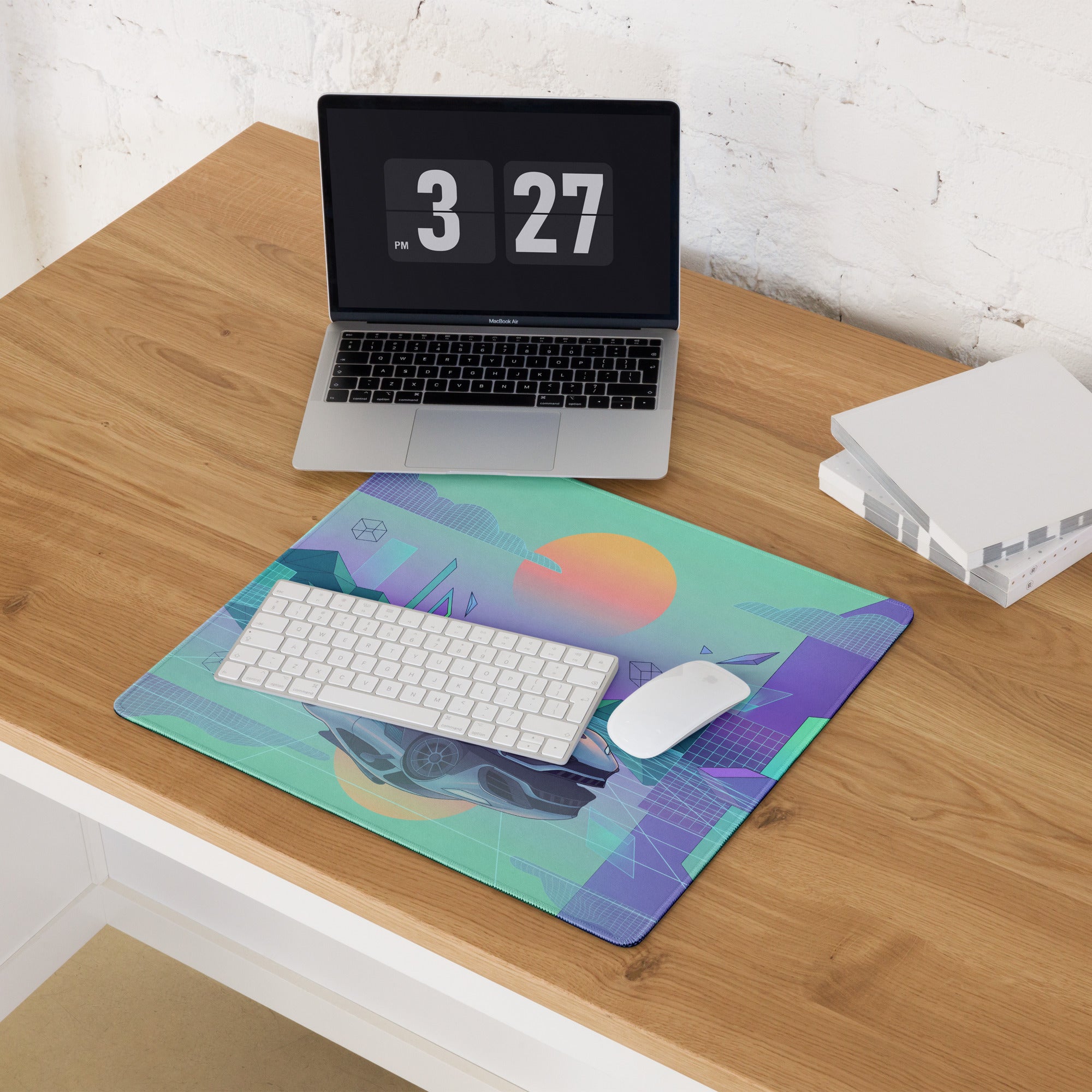 Mercedes-AMG ONE Inspired Silver Mint Vaporwave Gaming Mouse Pad – Pastel Futuristic City Desk Mat with Neon Grid, Sunset and Geometric Art