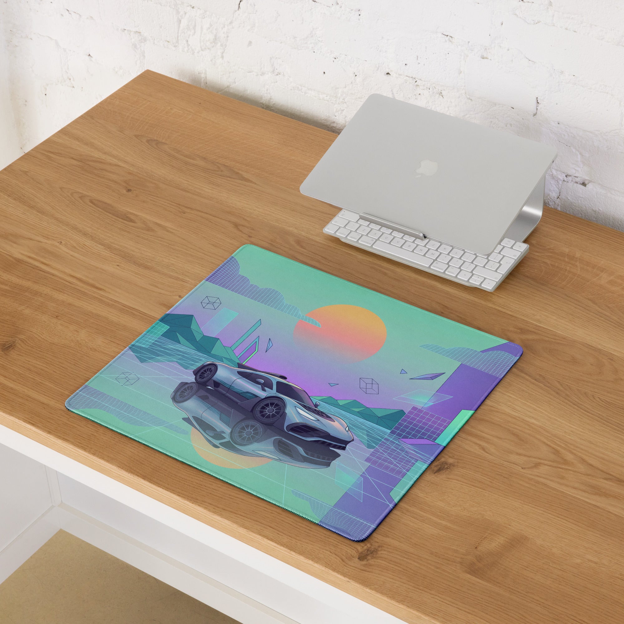Mercedes-AMG ONE Inspired Silver Mint Vaporwave Gaming Mouse Pad – Pastel Futuristic City Desk Mat with Neon Grid, Sunset and Geometric Art