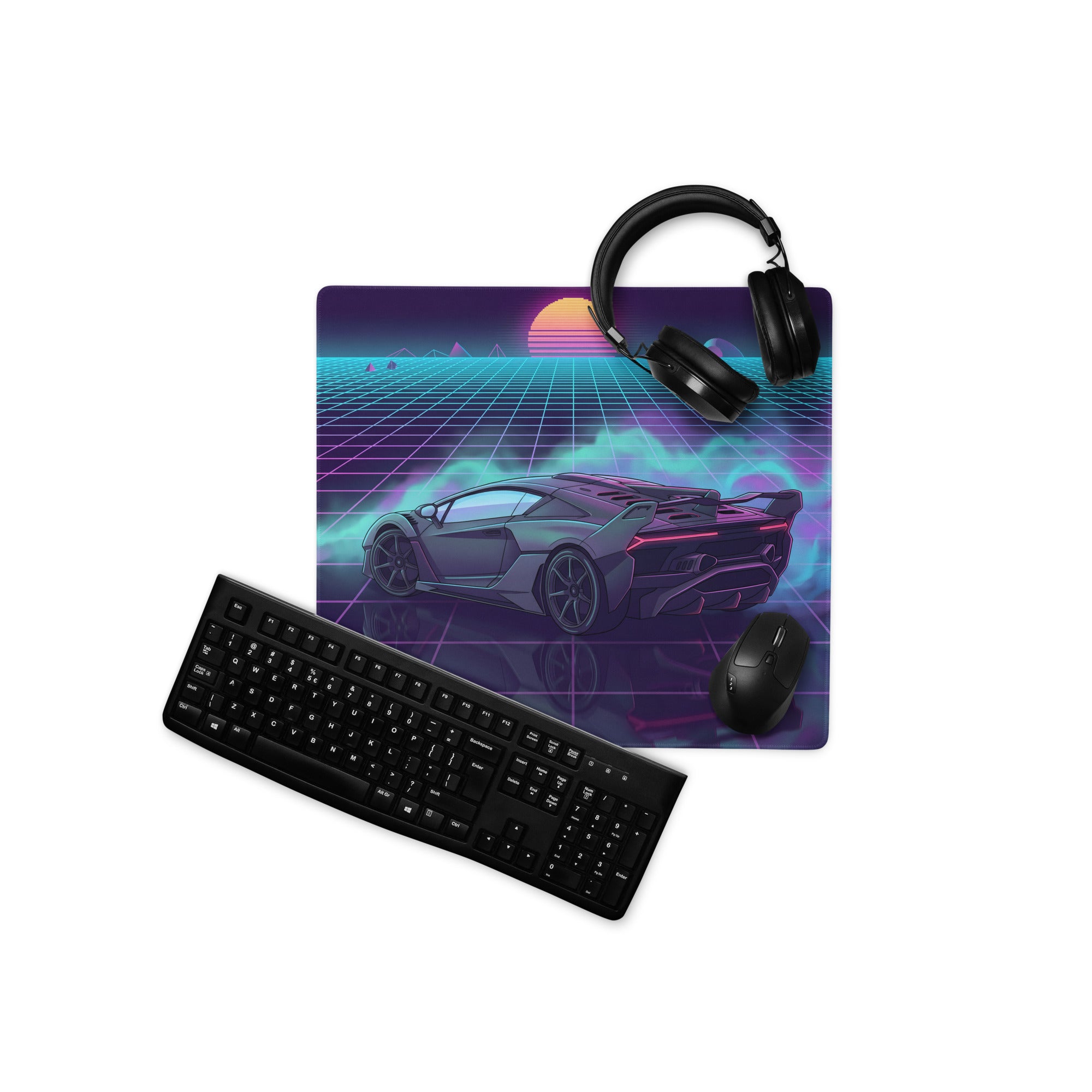 Lamborghini Essenza SCV12 Inspired Black Purple Vaporwave Gaming Mouse Pad – Neon Synthwave Grid Desk Mat with Retro Sunset and Track Hypercar Art