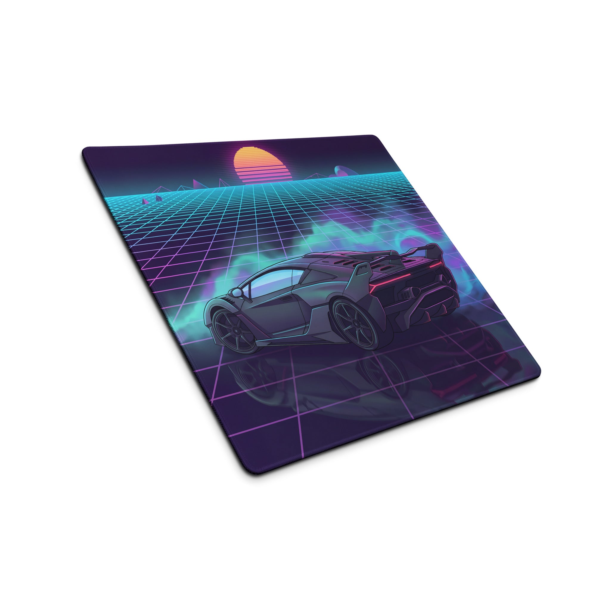 Lamborghini Essenza SCV12 Inspired Black Purple Vaporwave Gaming Mouse Pad – Neon Synthwave Grid Desk Mat with Retro Sunset and Track Hypercar Art