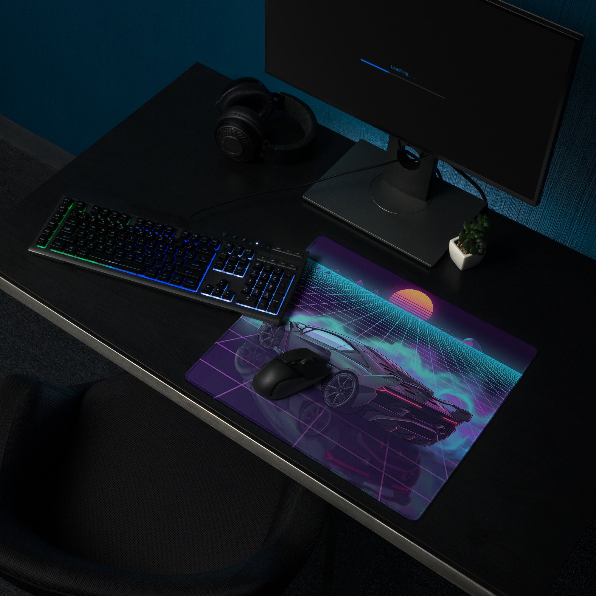Lamborghini Essenza SCV12 Inspired Black Purple Vaporwave Gaming Mouse Pad – Neon Synthwave Grid Desk Mat with Retro Sunset and Track Hypercar Art