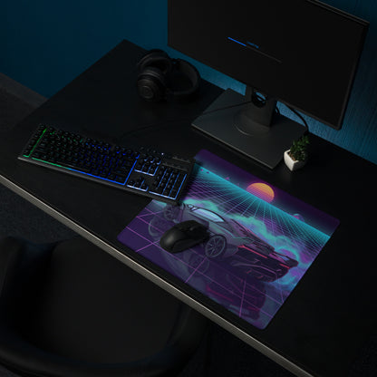 Lamborghini Essenza SCV12 Inspired Black Purple Vaporwave Gaming Mouse Pad – Neon Synthwave Grid Desk Mat with Retro Sunset and Track Hypercar Art
