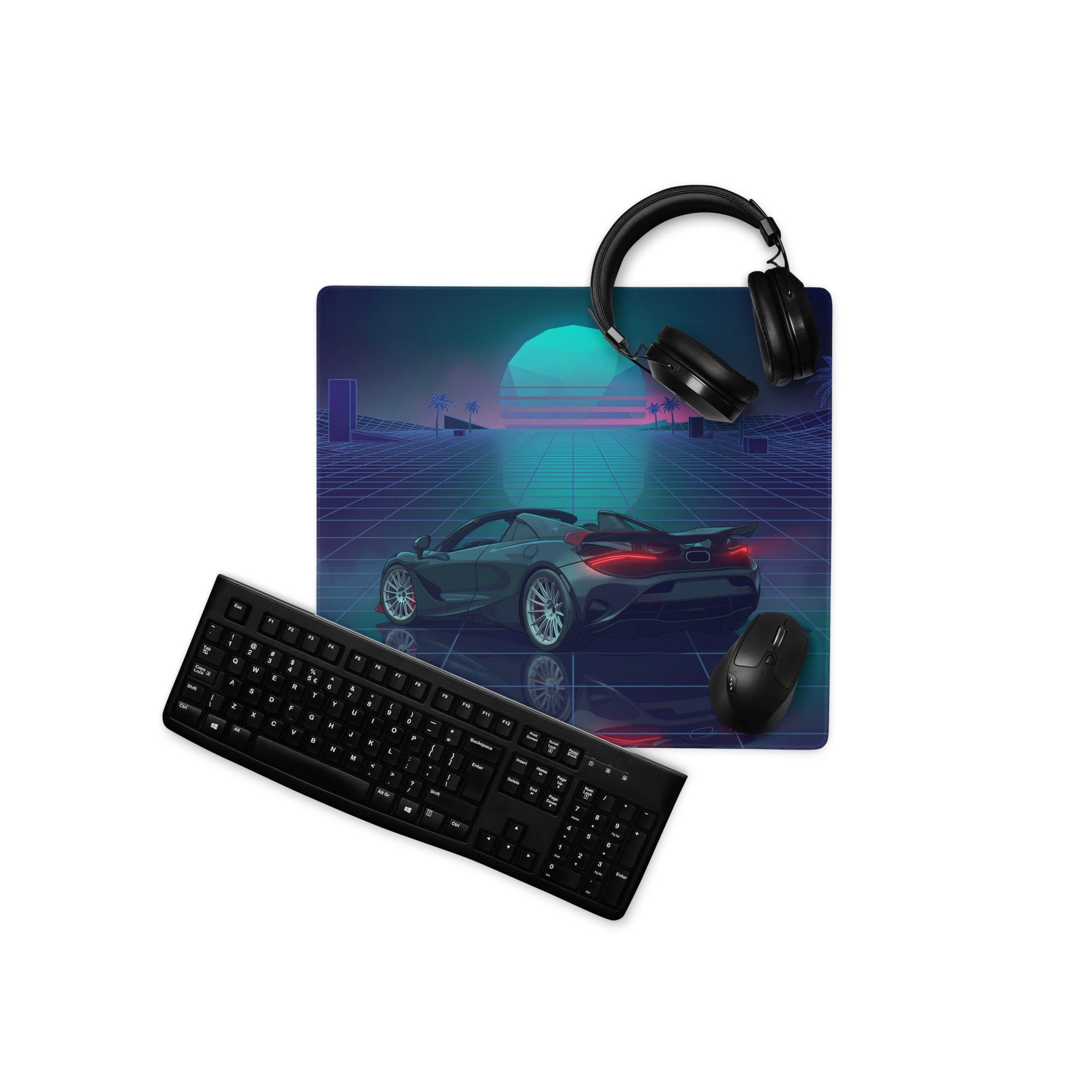 McLaren 765LT Spider Inspired Blue Cyan Vaporwave Gaming Mouse Pad – Neon Palm Tree Grid Desk Mat with Retro Futuristic Sunset and Reflection Art