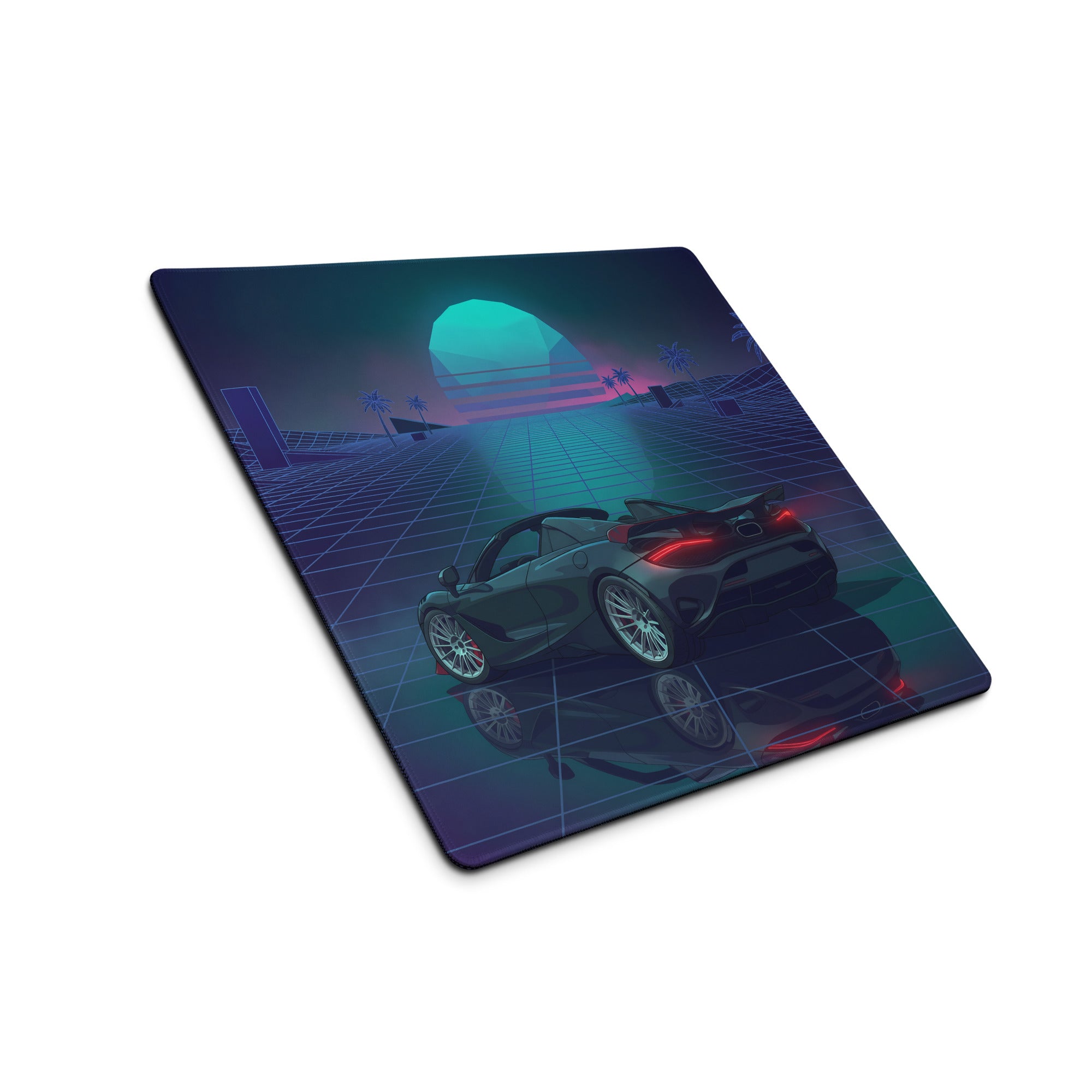 McLaren 765LT Spider Inspired Blue Cyan Vaporwave Gaming Mouse Pad – Neon Palm Tree Grid Desk Mat with Retro Futuristic Sunset and Reflection Art