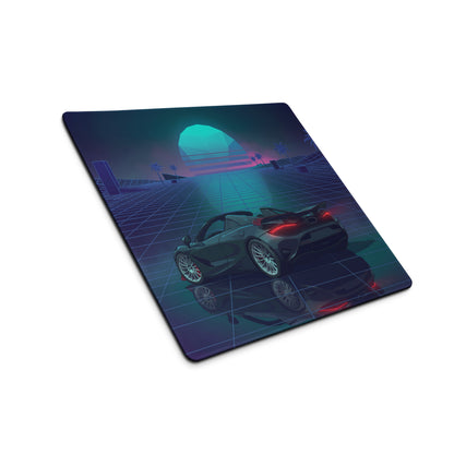 McLaren 765LT Spider Inspired Blue Cyan Vaporwave Gaming Mouse Pad – Neon Palm Tree Grid Desk Mat with Retro Futuristic Sunset and Reflection Art