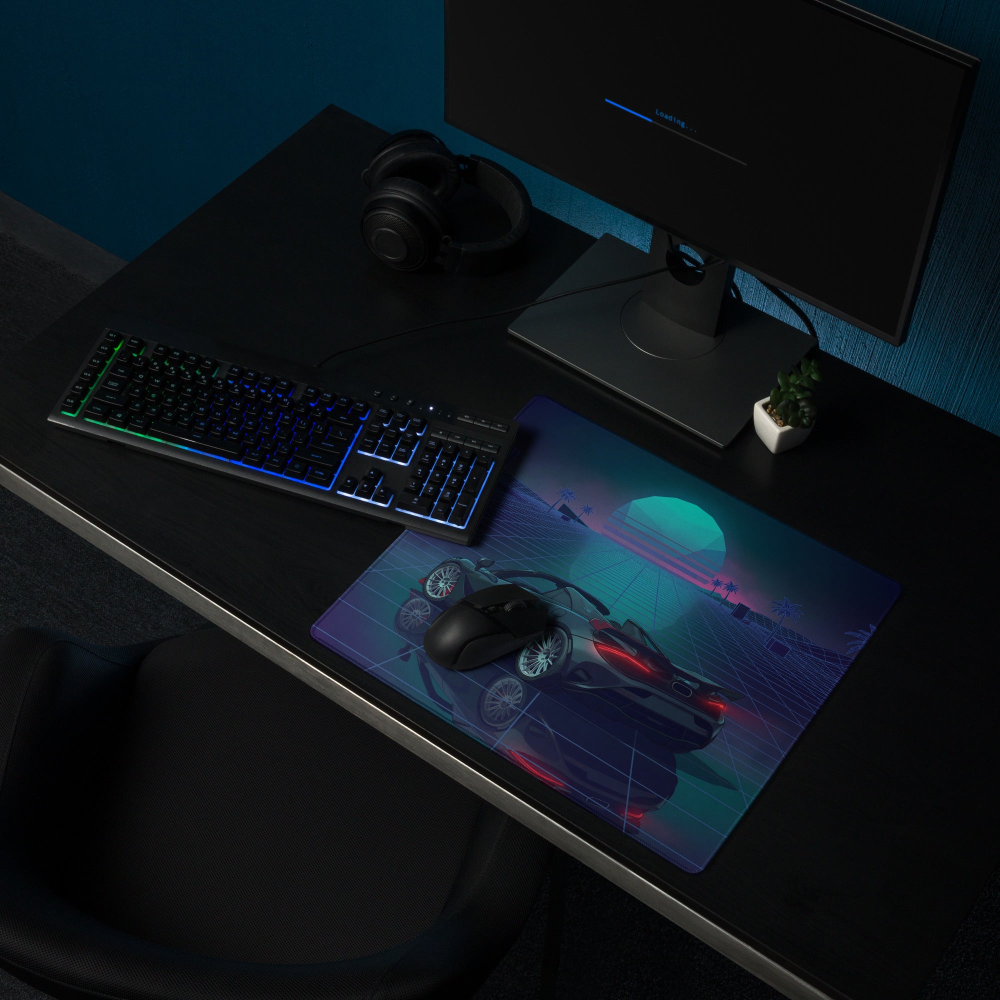 McLaren 765LT Spider Inspired Blue Cyan Vaporwave Gaming Mouse Pad – Neon Palm Tree Grid Desk Mat with Retro Futuristic Sunset and Reflection Art