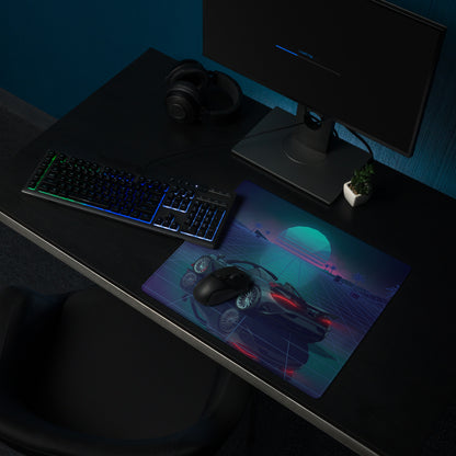 McLaren 765LT Spider Inspired Blue Cyan Vaporwave Gaming Mouse Pad – Neon Palm Tree Grid Desk Mat with Retro Futuristic Sunset and Reflection Art