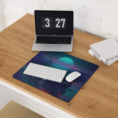 McLaren 765LT Spider Inspired Blue Cyan Vaporwave Gaming Mouse Pad – Neon Palm Tree Grid Desk Mat with Retro Futuristic Sunset and Reflection Art