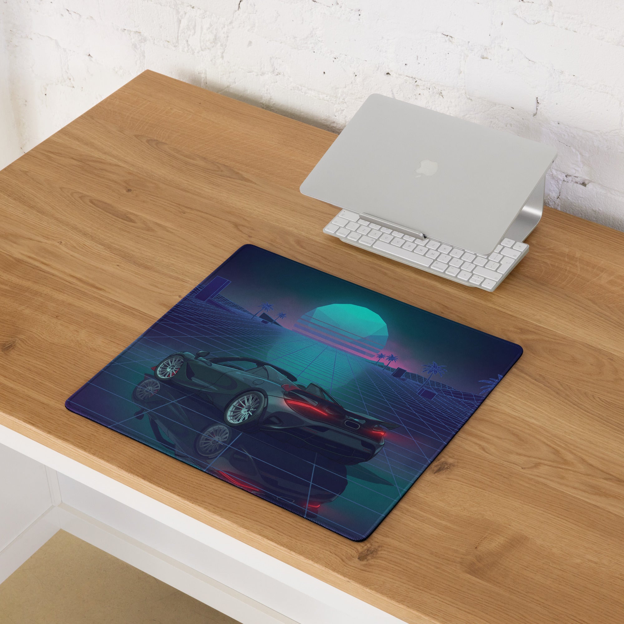McLaren 765LT Spider Inspired Blue Cyan Vaporwave Gaming Mouse Pad – Neon Palm Tree Grid Desk Mat with Retro Futuristic Sunset and Reflection Art