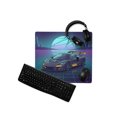 McLaren Senna Inspired Black Gold Vaporwave Gaming Mouse Pad – Neon Futuristic City Grid Desk Mat with Retro Synthwave Sunset and Hypercar Art