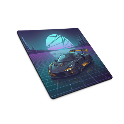 McLaren Senna Inspired Black Gold Vaporwave Gaming Mouse Pad – Neon Futuristic City Grid Desk Mat with Retro Synthwave Sunset and Hypercar Art