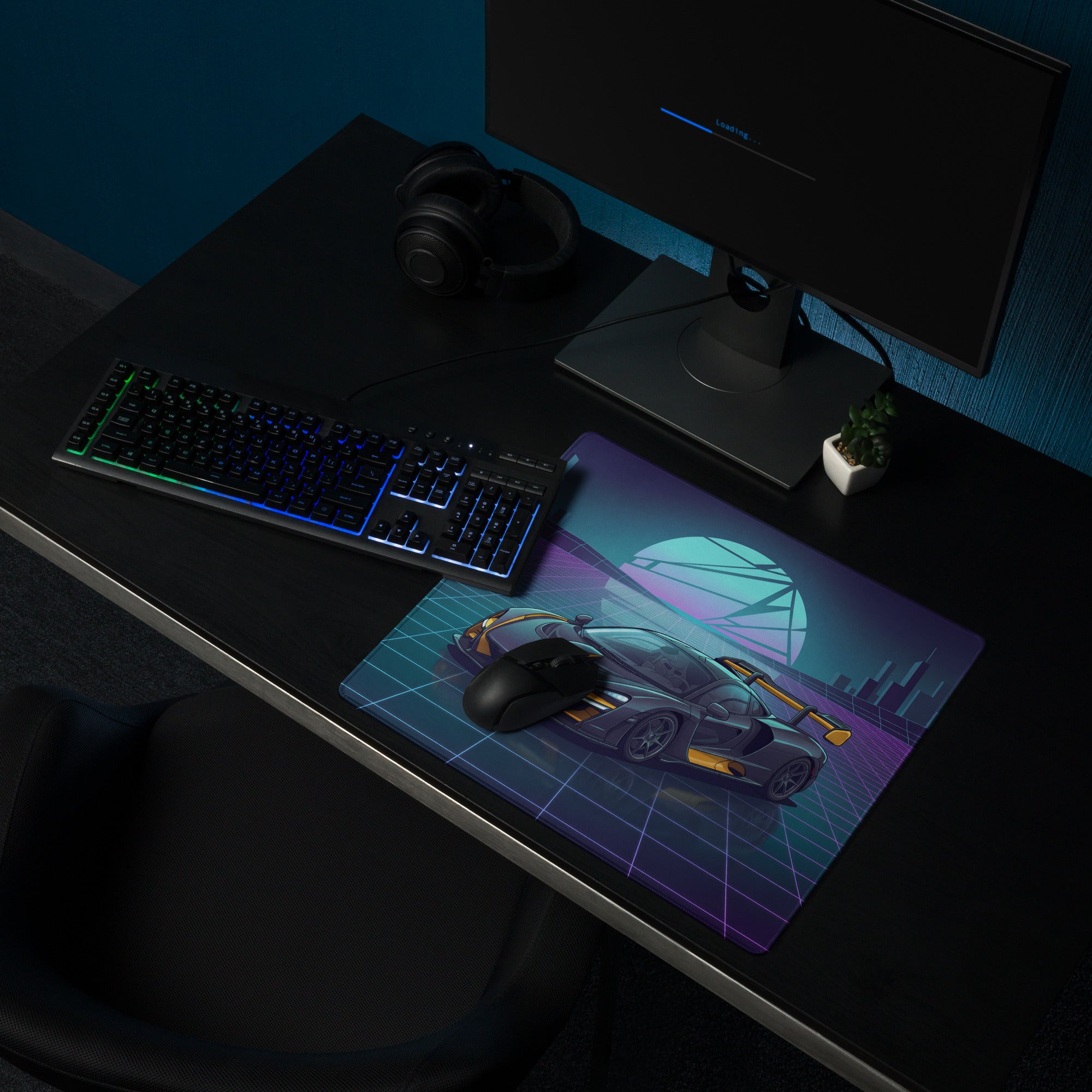McLaren Senna Inspired Black Gold Vaporwave Gaming Mouse Pad – Neon Futuristic City Grid Desk Mat with Retro Synthwave Sunset and Hypercar Art