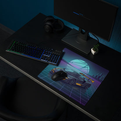 McLaren Senna Inspired Black Gold Vaporwave Gaming Mouse Pad – Neon Futuristic City Grid Desk Mat with Retro Synthwave Sunset and Hypercar Art