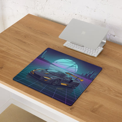 McLaren Senna Inspired Black Gold Vaporwave Gaming Mouse Pad – Neon Futuristic City Grid Desk Mat with Retro Synthwave Sunset and Hypercar Art