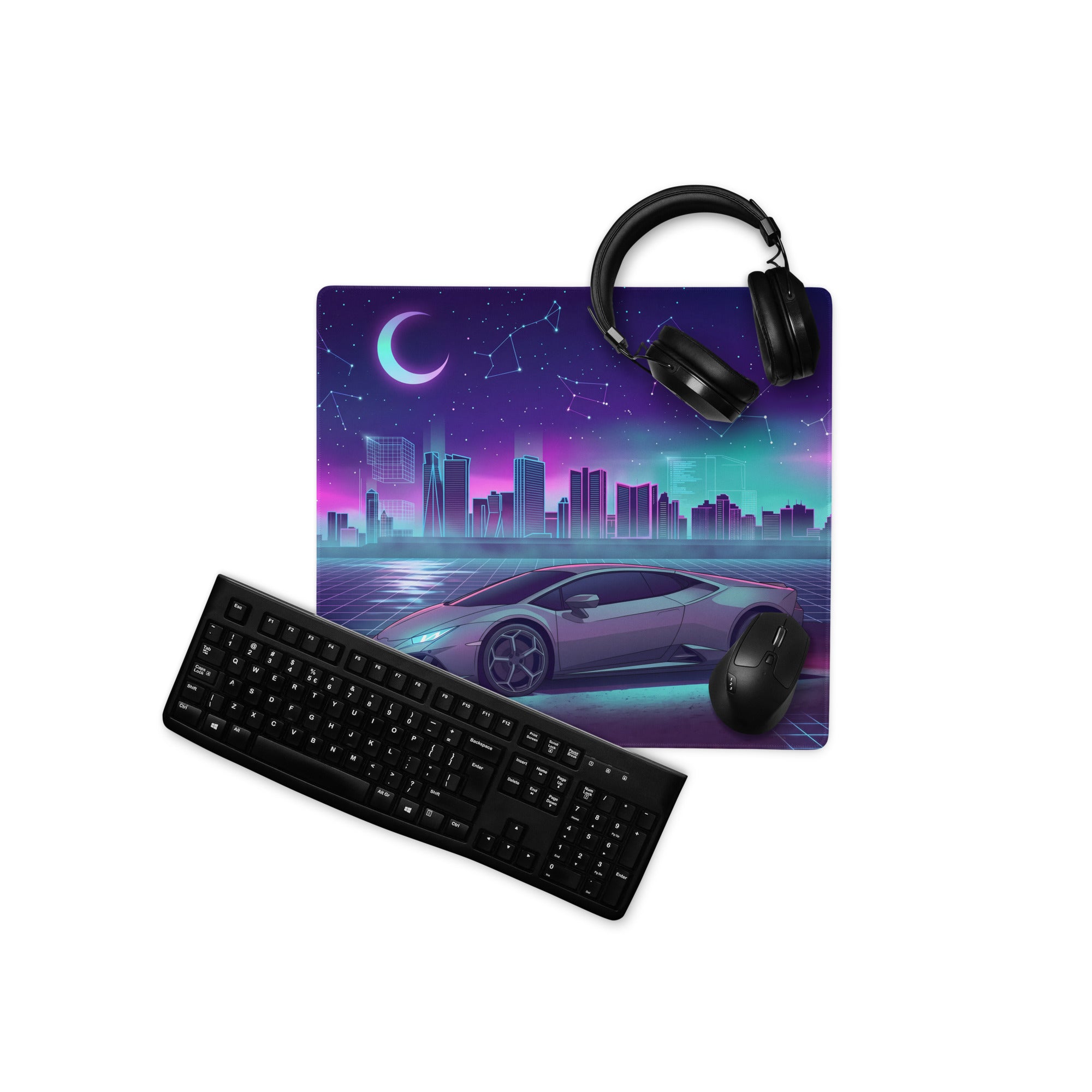 Lamborghini Huracán EVO Inspired Silver Purple Vaporwave Gaming Mouse Pad – Neon Celestial City Desk Mat with Retro Futuristic Skyline Art