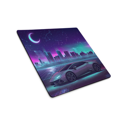 Lamborghini Huracán EVO Inspired Silver Purple Vaporwave Gaming Mouse Pad – Neon Celestial City Desk Mat with Retro Futuristic Skyline Art