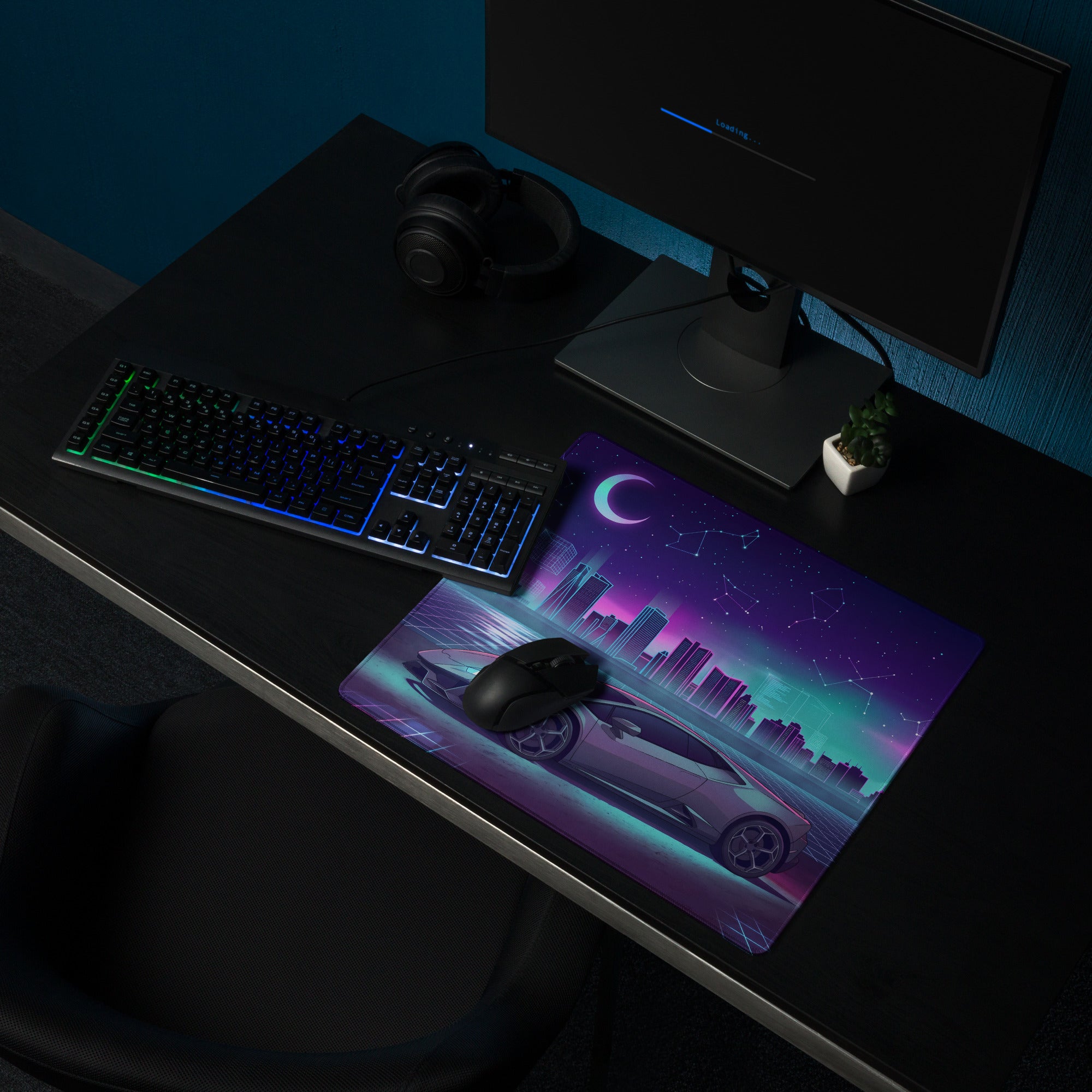 Lamborghini Huracán EVO Inspired Silver Purple Vaporwave Gaming Mouse Pad – Neon Celestial City Desk Mat with Retro Futuristic Skyline Art