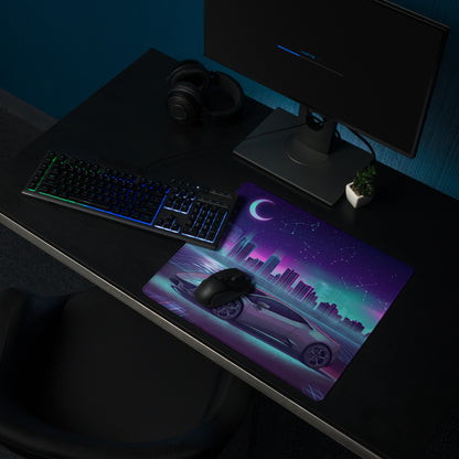 Lamborghini Huracán EVO Inspired Silver Purple Vaporwave Gaming Mouse Pad – Neon Celestial City Desk Mat with Retro Futuristic Skyline Art