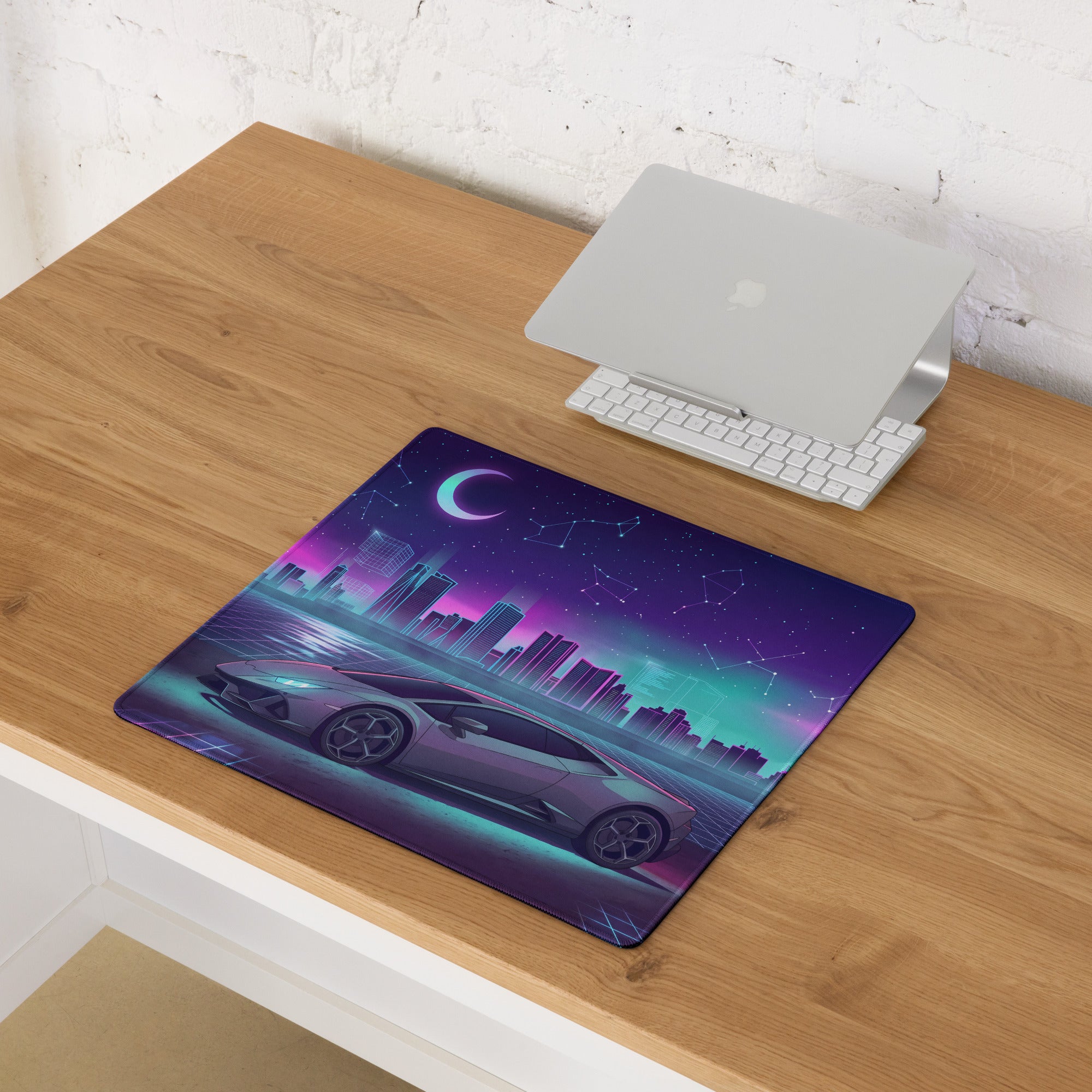 Lamborghini Huracán EVO Inspired Silver Purple Vaporwave Gaming Mouse Pad – Neon Celestial City Desk Mat with Retro Futuristic Skyline Art